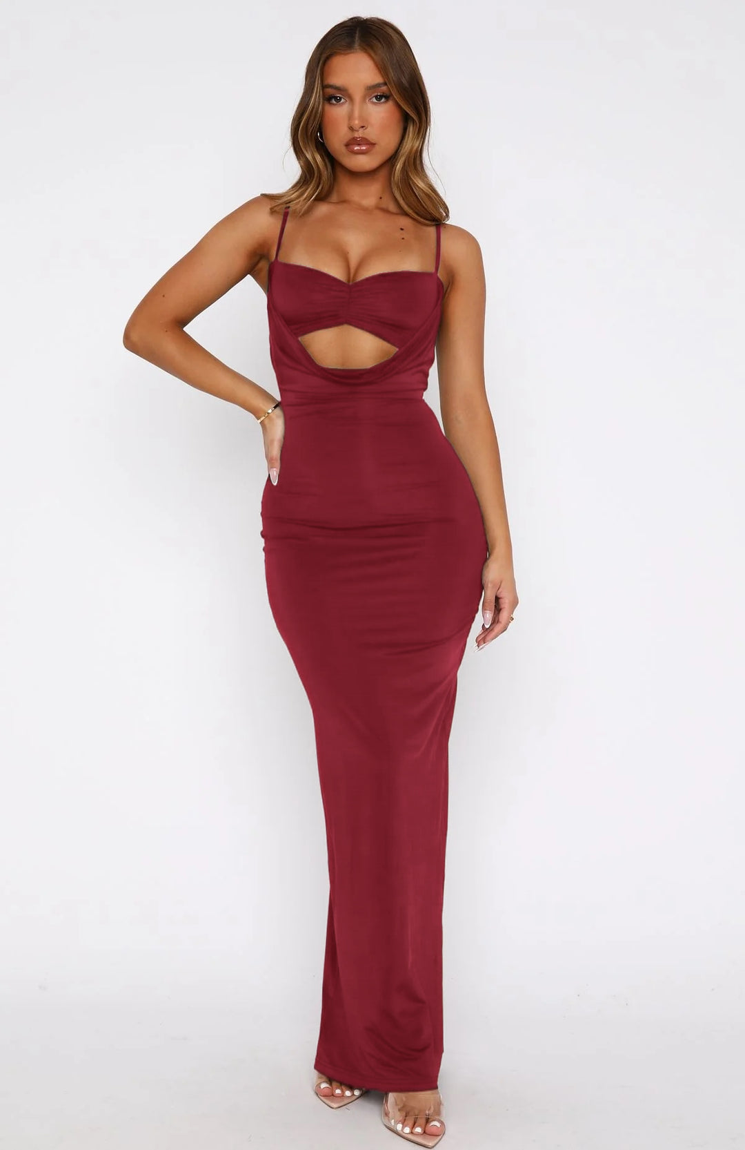 Damen Edles Maxikleid mit figurformendem Schnitt und raffiniertem Cut-Out Drune