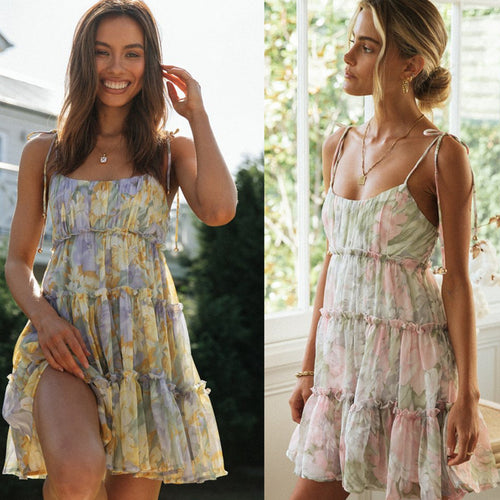 Damen luftiges Sommerkleid mit zarten Rüschen und Spaghetti-Trägern Drune