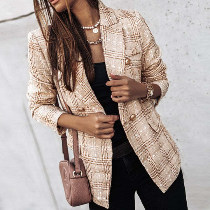 Damen Bouclé-Tweed-Blazer mit Karomuster und doppelreihiger Knopfleiste Drune