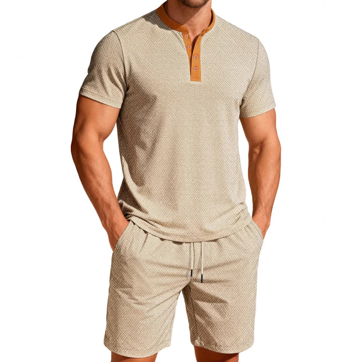 Herren nan maritimes Freizeit-Set mit feiner Wellenstruktur Stehkragenblende und Kordel-Shorts Drune