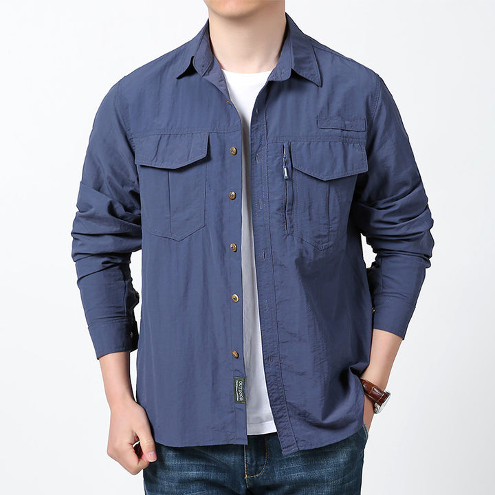 Herren nan langärmeliges Fieldshirt aus leichtem Ripstop mit multifunktionalen Brusttaschen und verdecktem Reißverschluss Drune