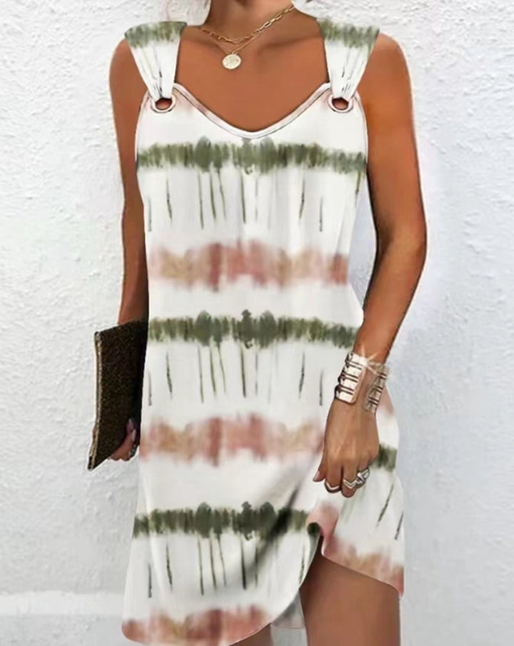 Damen nan ärmelloses V-Ausschnitt-Sommerkleid mit dekorativen Metallösen an breiten Trägern und lässiger A-Linien-Silhouette Drune