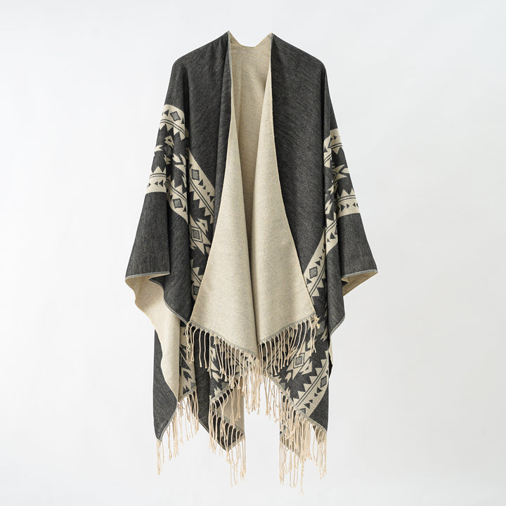 Damen Kaschmir‑Optik Überwurfponcho mit geometrischer Bordüren‑Jacquard und Fransen Drune