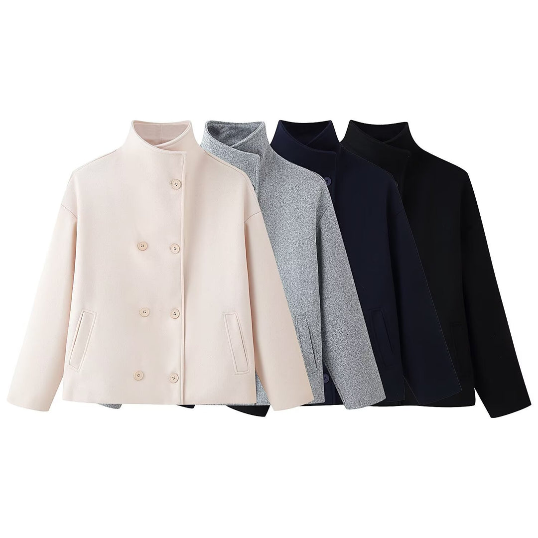 Damen 200+ boxy Wollmix Kurzjacke mit Stehkragen und verdeckter Doppelknopfleiste Drune
