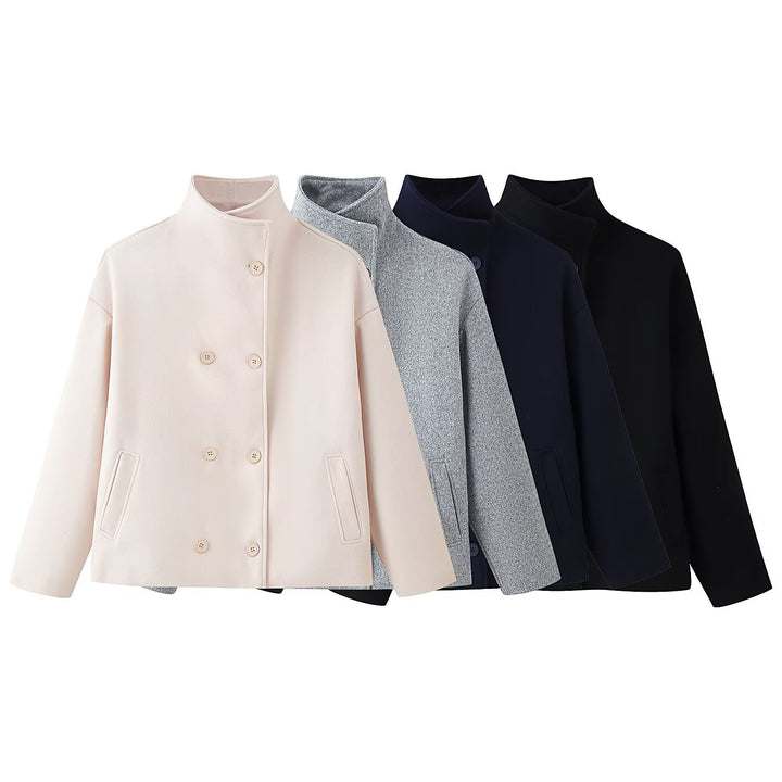 Damen 200+ boxy Wollmix Kurzjacke mit Stehkragen und verdeckter Doppelknopfleiste Drune