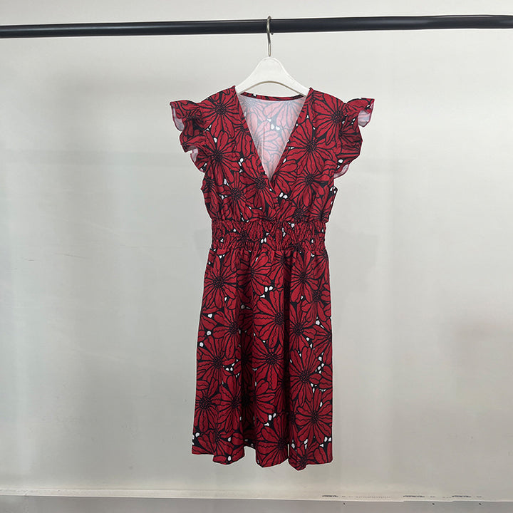 Damen Elegantes Blumenkleid mit schwingendem Saum und Rüschen Drune