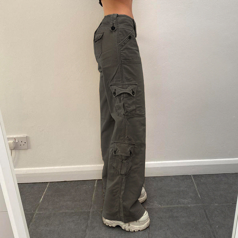 Damen nan hohe Taille Cargo-Hose mit geradem Bein, mehrfachen Klappentaschen und markanten Knopfdetails Drune
