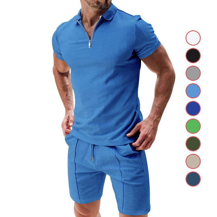 Herren nan sportives Poloshirt- und Chino-Shorts-Set mit halbem Reißverschluss, strukturiertem Jersey und dezenter Bügelfalte Drune