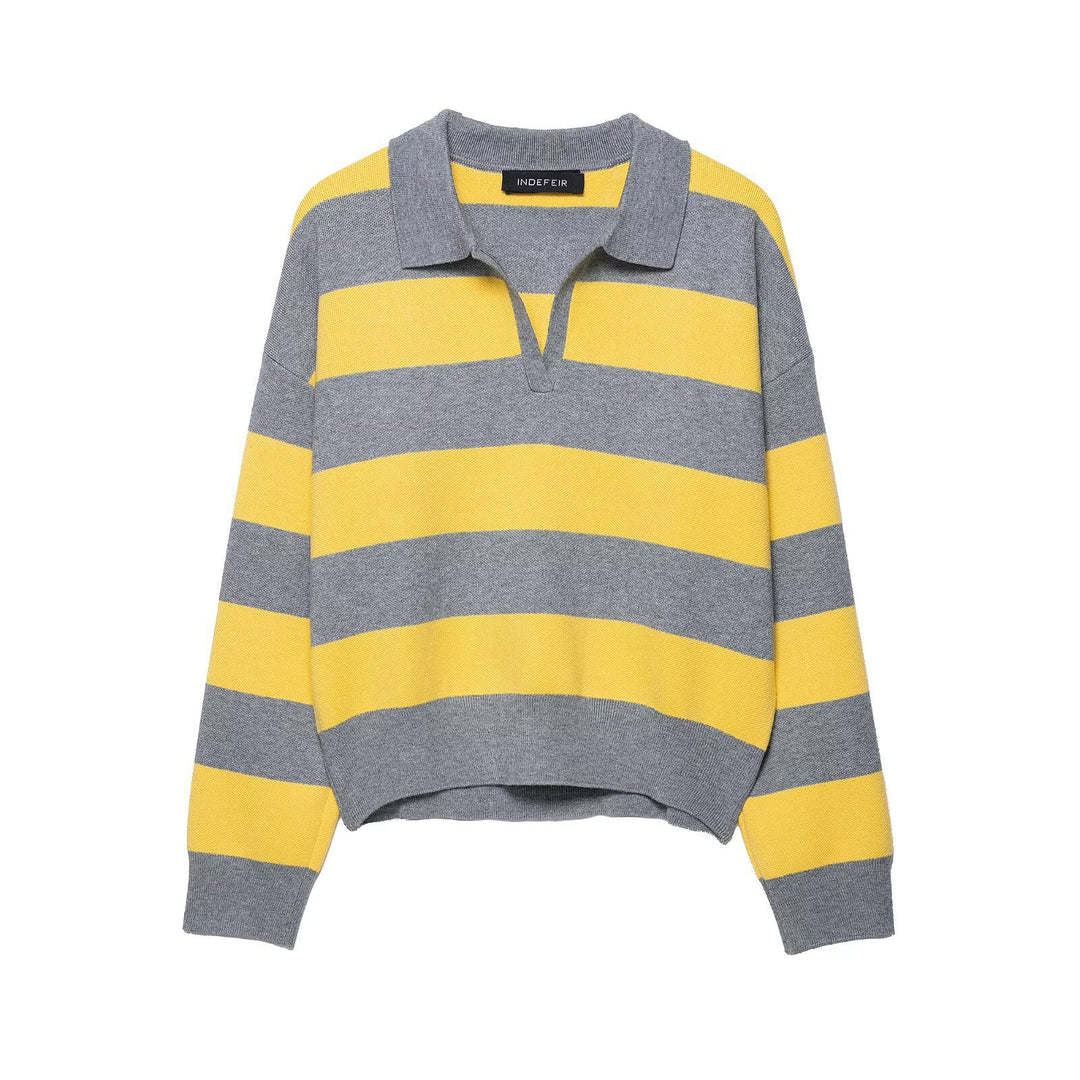 Damen modischer Poloshirt-Pullover mit breiten Streifen und kurzen Ärmeln Drune