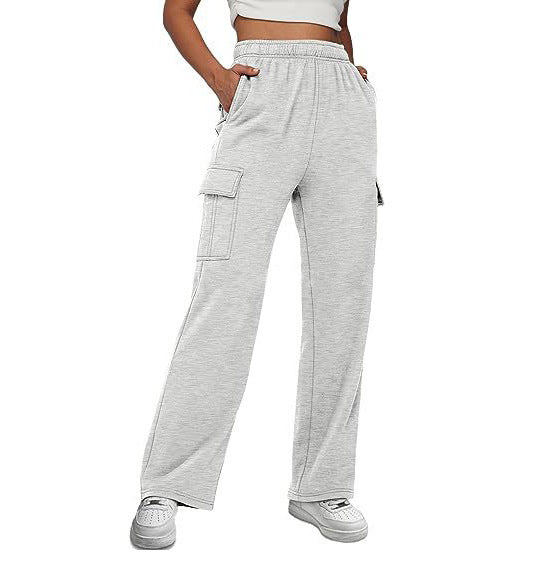Damen nan lässige Cargo-Freizeithose mit weitem Bein elastischem Bund und aufgesetzten Taschen Drune