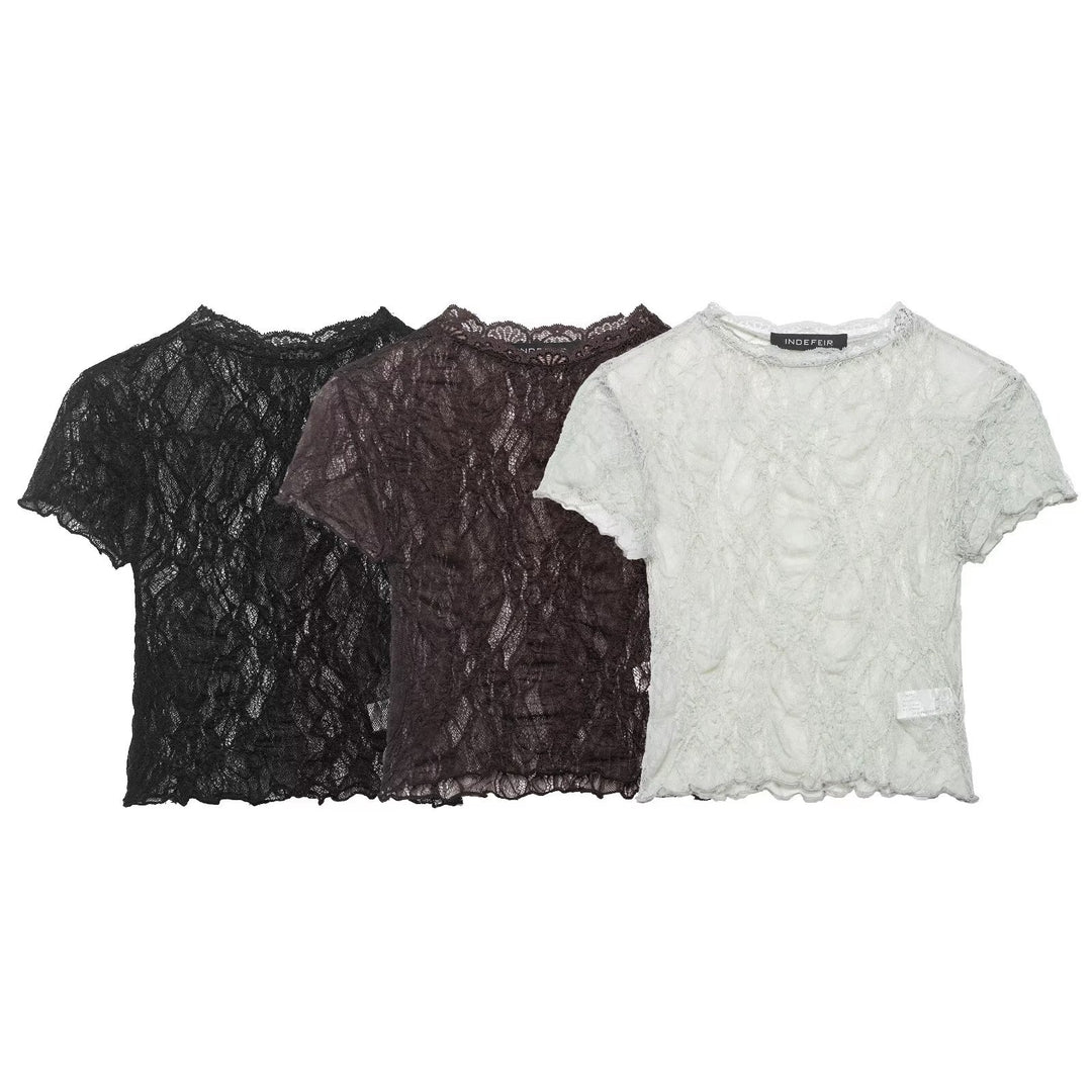 Damen Spitzen-Crop-Top mit feiner Struktur und voluminösen Ärmeln Drune