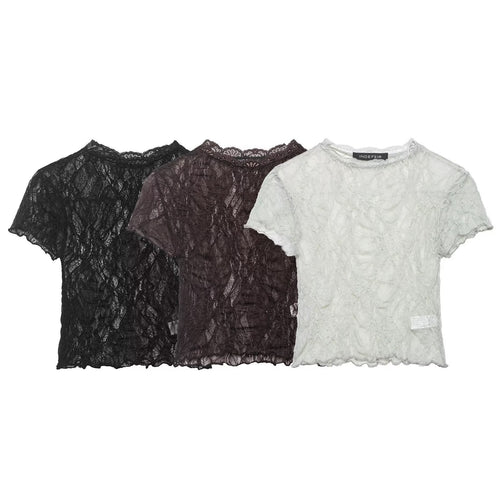 Damen Spitzen-Crop-Top mit feiner Struktur und voluminösen Ärmeln Drune