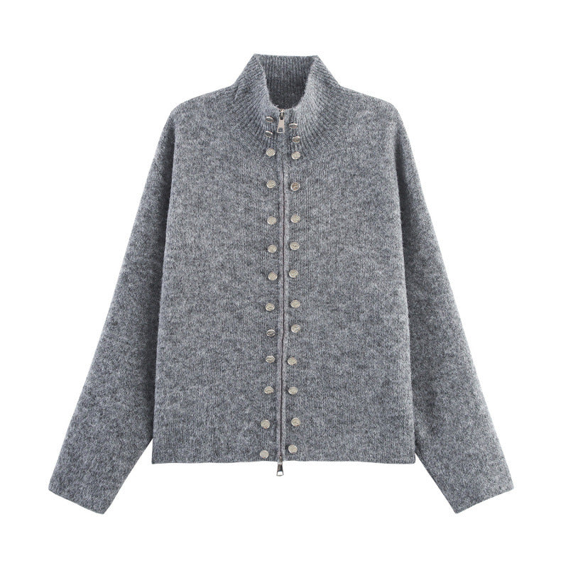 Damen modischer Strickpullover mit stilvollem Reißverschluss und dekorativen Knöpfen Drune