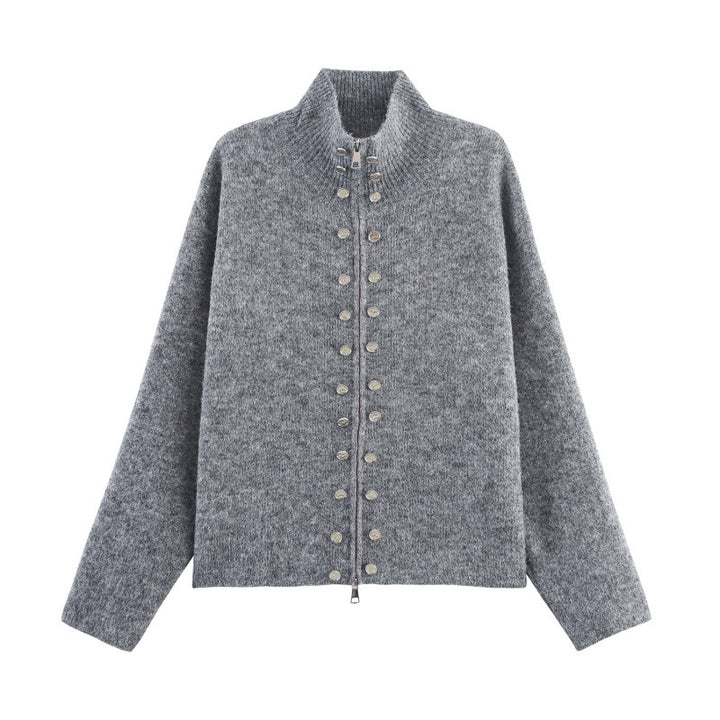 Damen modischer Strickpullover mit stilvollem Reißverschluss und dekorativen Knöpfen Drune