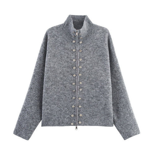 Damen modischer Strickpullover mit stilvollem Reißverschluss und dekorativen Knöpfen Drune