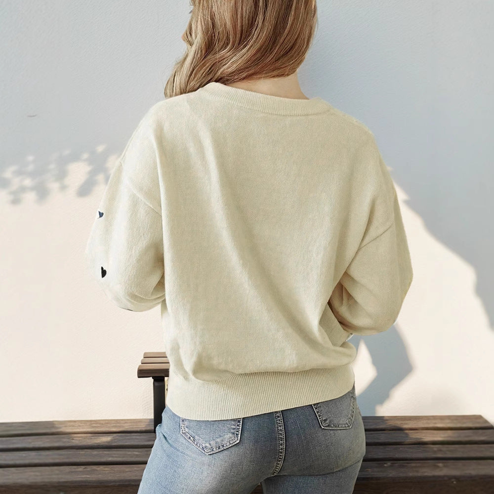 Damen Lockerer Feinstrickpullover mit Herzchen-Allover, Rundhalsausschnitt und elastischem Saum Drune