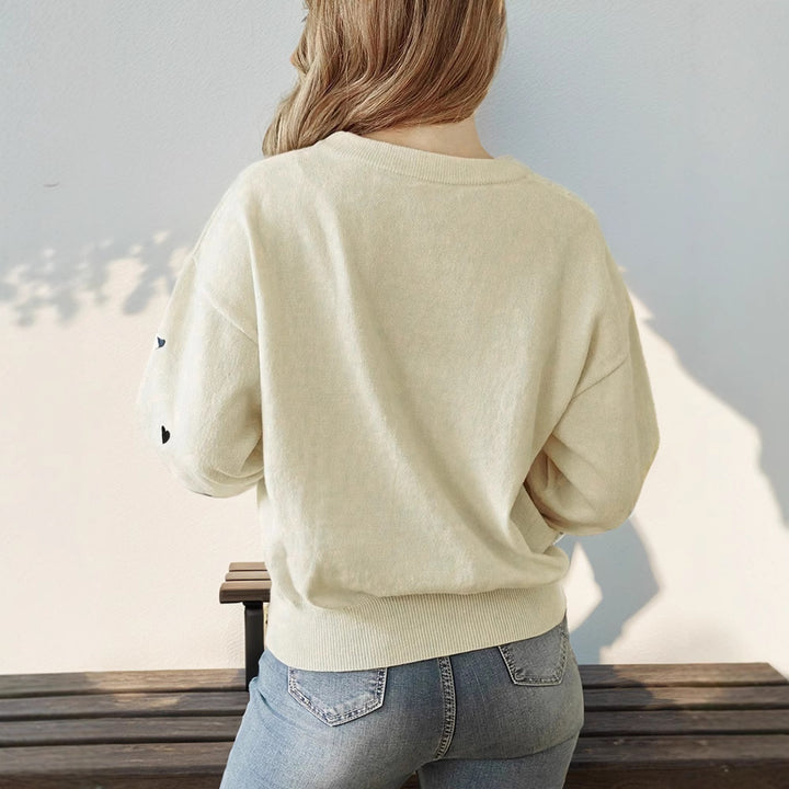 Damen Lockerer Feinstrickpullover mit Herzchen-Allover, Rundhalsausschnitt und elastischem Saum Drune
