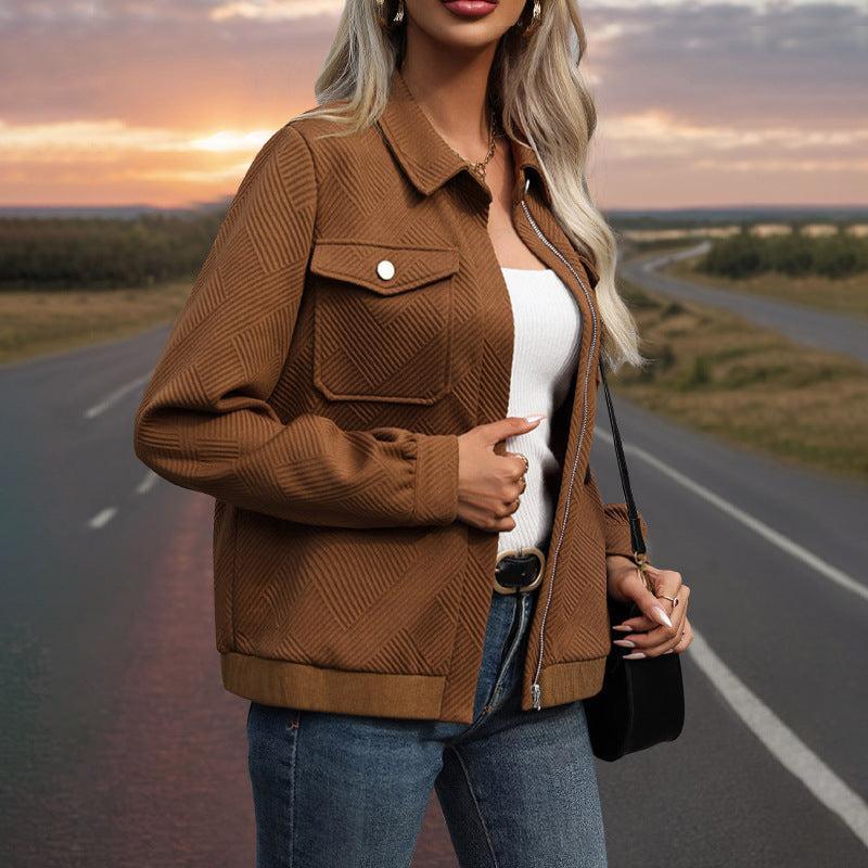 Damen Gestepptes Übergangs‑Shacket mit Klappentaschen, Reißverschluss und Strukturjacquard Drune
