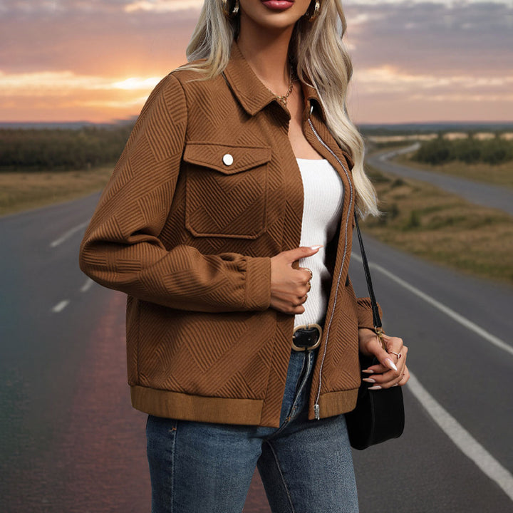 Damen Gestepptes Übergangs‑Shacket mit Klappentaschen, Reißverschluss und Strukturjacquard Drune