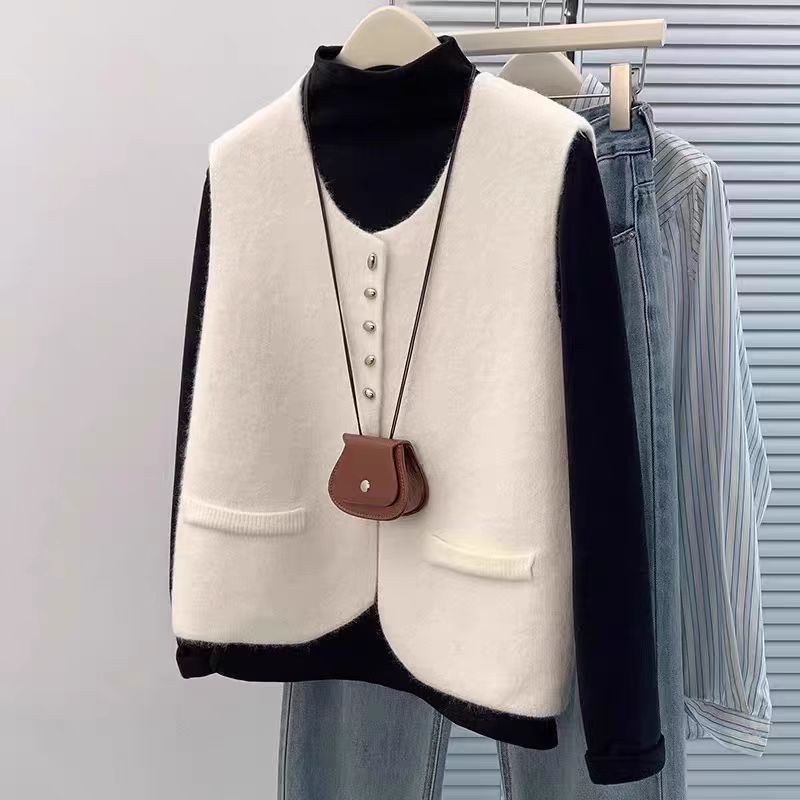 Damen Kurzgeschnittene Ärmellose Strickweste mit Perlenknopfleiste und aufgesetzten Taschen Drune