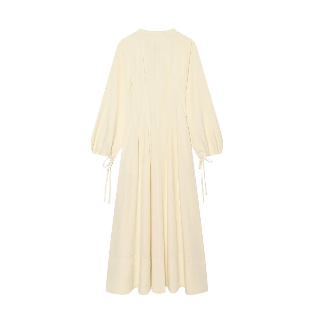 Damen Maxikleid mit Stehkragen, Bindeschal und Ballonärmeln Drune