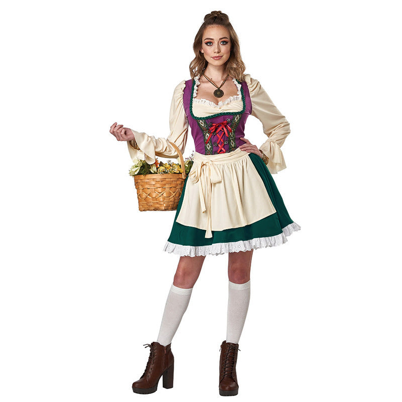 Damen nan traditionelles Dirndlkleid mit Schürze, geschnürter Corsage und Volantärmel Drune