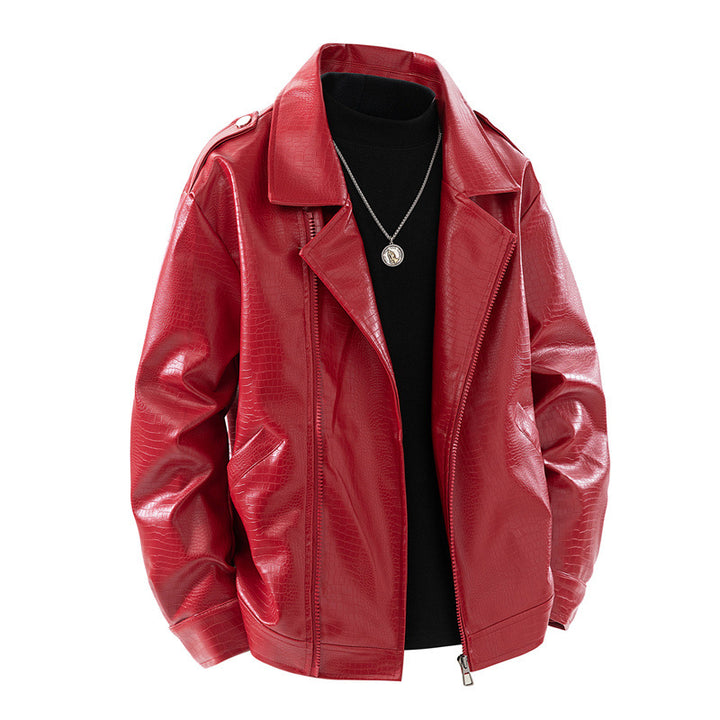 Herren Kunstleder-Überhemdjacke im Biker-Blend mit Reverskragen, Zwei-Wege-Metallreißverschluss & verdeckten Eingrifftaschen Drune