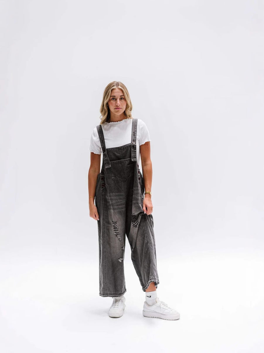 Damen Lässige Denim-Latzhose mit modischen Ripped-Details Drune