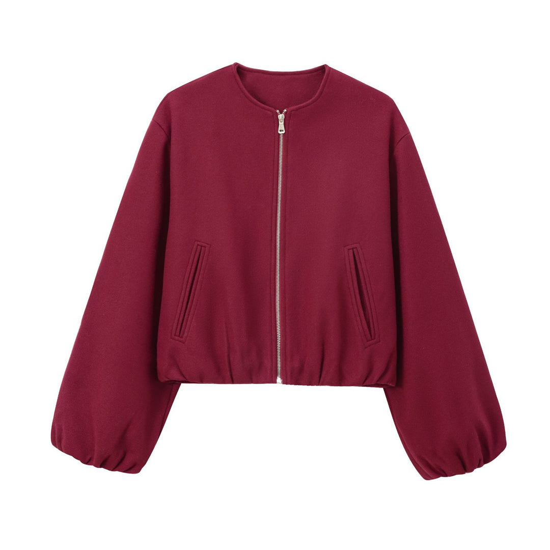 Damen Kurzer Wollmix-Bomber mit Rundhals, Reißverschluss und elastischem Saum Drune