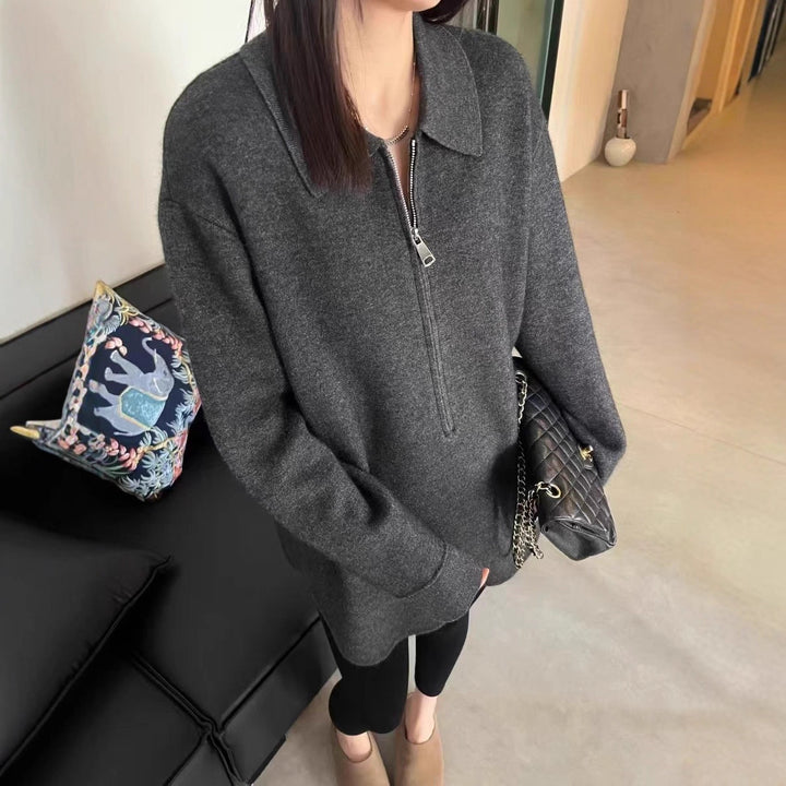 Damen Modischer Pullover mit Reißverschluss und Kragen Drune