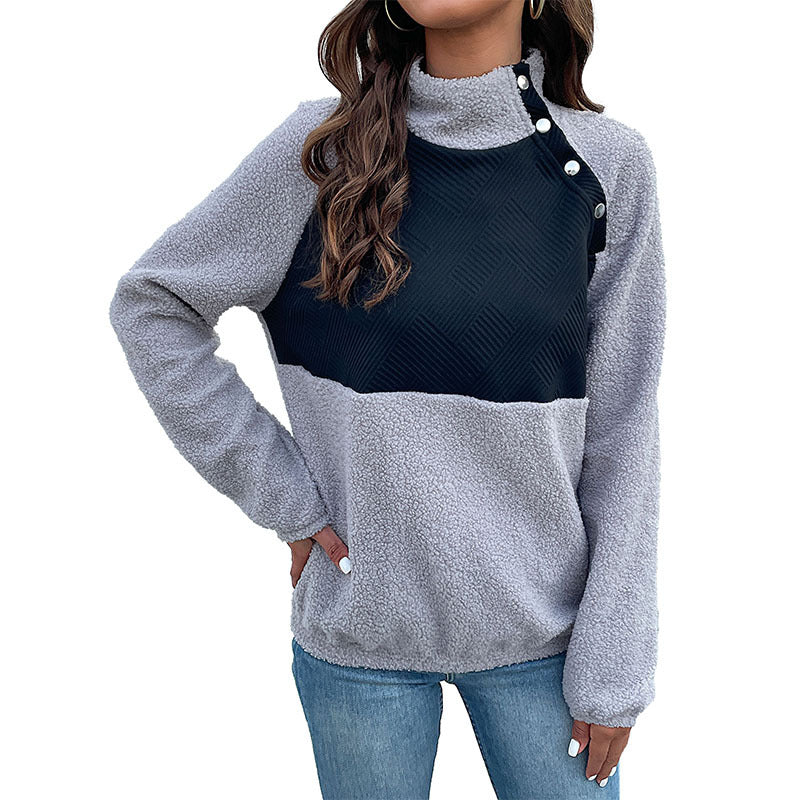Damen Kuscheliger Teddy-Fleece-Pullover mit Stehkragen und Druckknopfleiste Drune