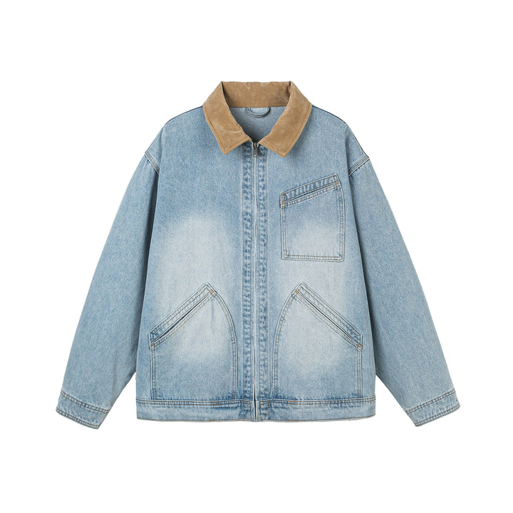 Damen Oversize-Denimjacke mit Velourslederkragen, verdecktem Reißverschluss und markanten Einstecktaschen Drune
