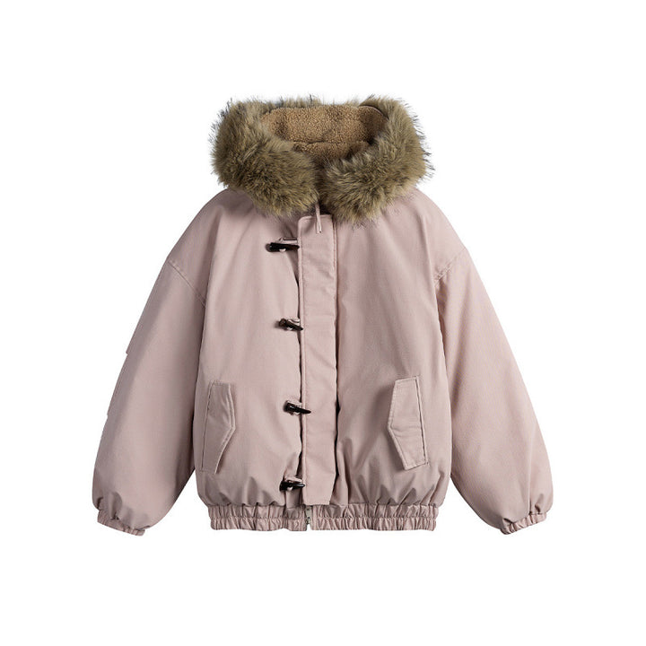 Unisex Gepolsterte Kapuzenjacke im Boxy‑Cut mit Teddyinnenfutter, Kunstfellkragen und Knebelverschlüssen Drune
