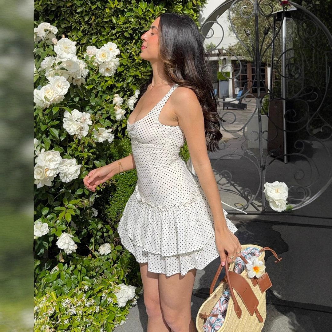 Damen Sonniges Kleid mit charmantem Rüschensaum und verspieltem Punkten Drune