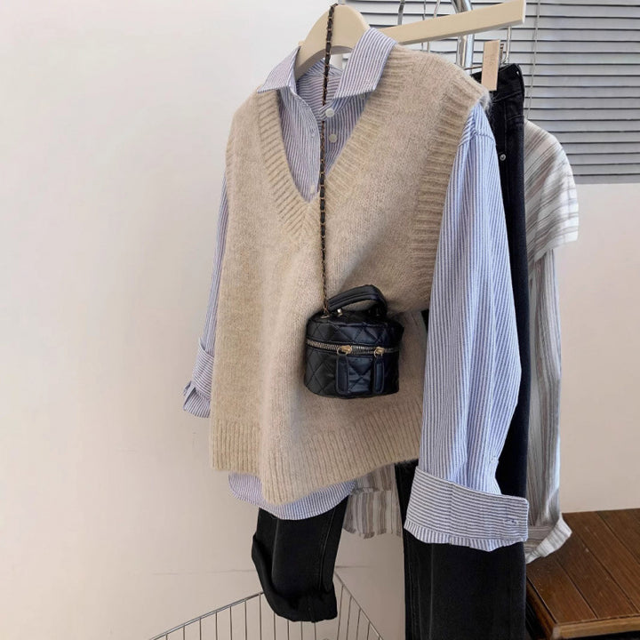 Damen stylischer V-Ausschnitt Strickpullover mit lässigem Denim-Layering Drune