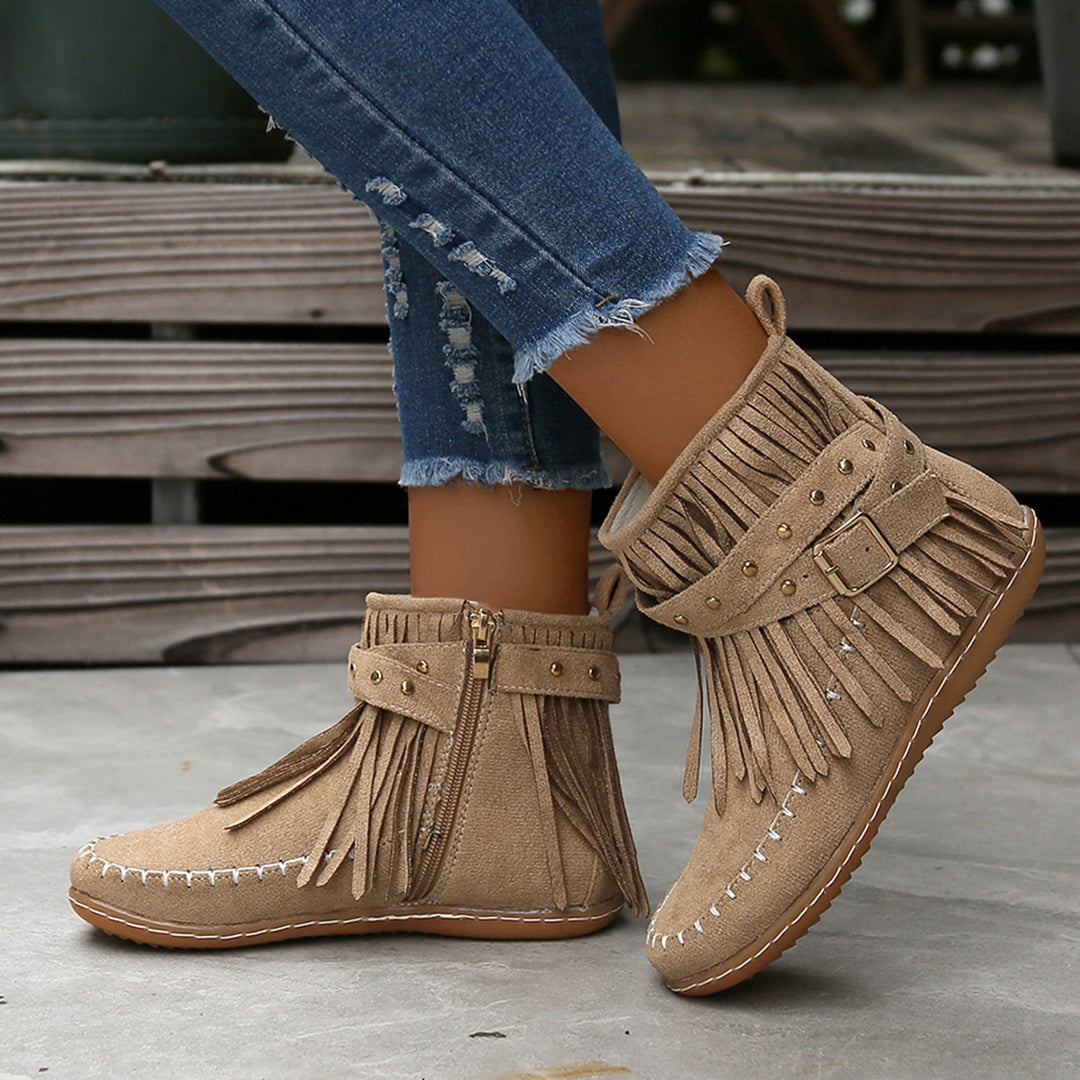 Damen Mokassin-Shortboots mit Fransen, Ziergürtel und handgenähter Mokassinnaht Drune