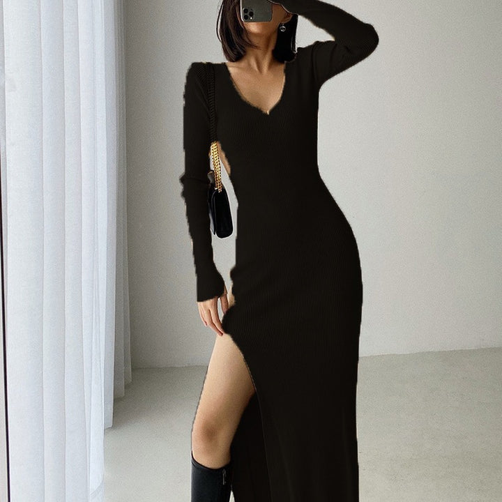 Damen Maxikleid mit elegantem V-Ausschnitt und seitlichem Schlitz Drune