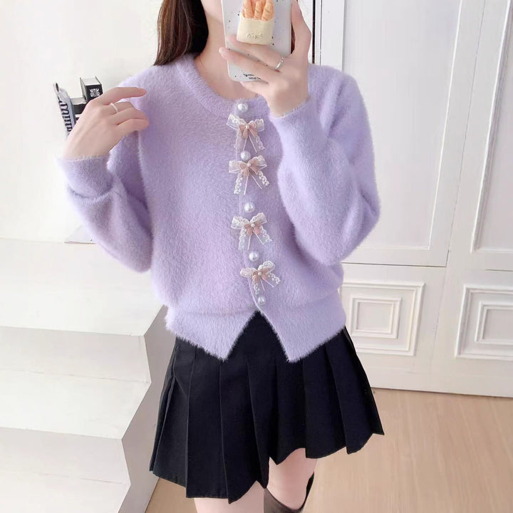 Damen Flauschige Strickjacke mit Perlen und Rüschendetails Drune
