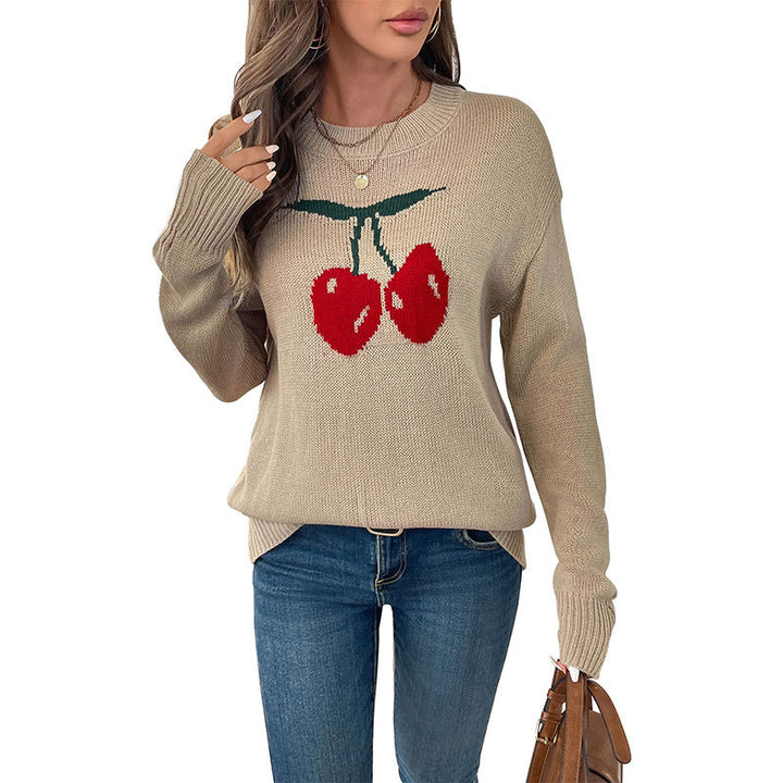 Damen Strickpullover mit Kirschen-Intarsie, Rundhalsausschnitt und legerem Oversize-Schnitt Drune
