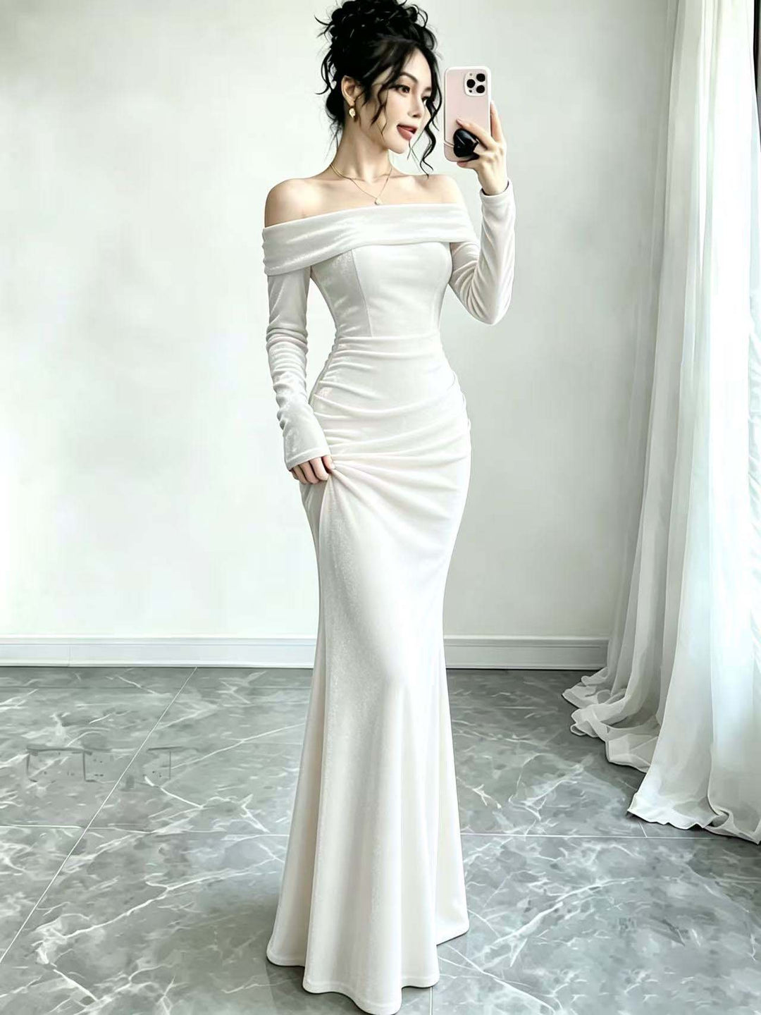 Damen Langes Samtabendkleid mit Carmenausschnitt und tiefem Rückenausschnitt Drune
