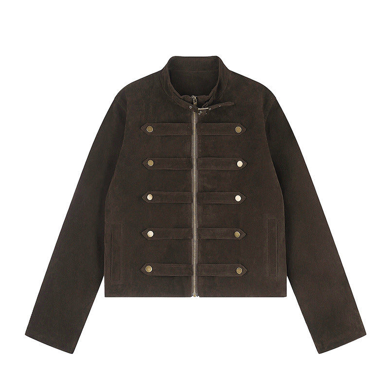 Damen Kurzjacke aus Veloursleder im militärischen Stil mit Stehkragen und Zierriegeln Drune