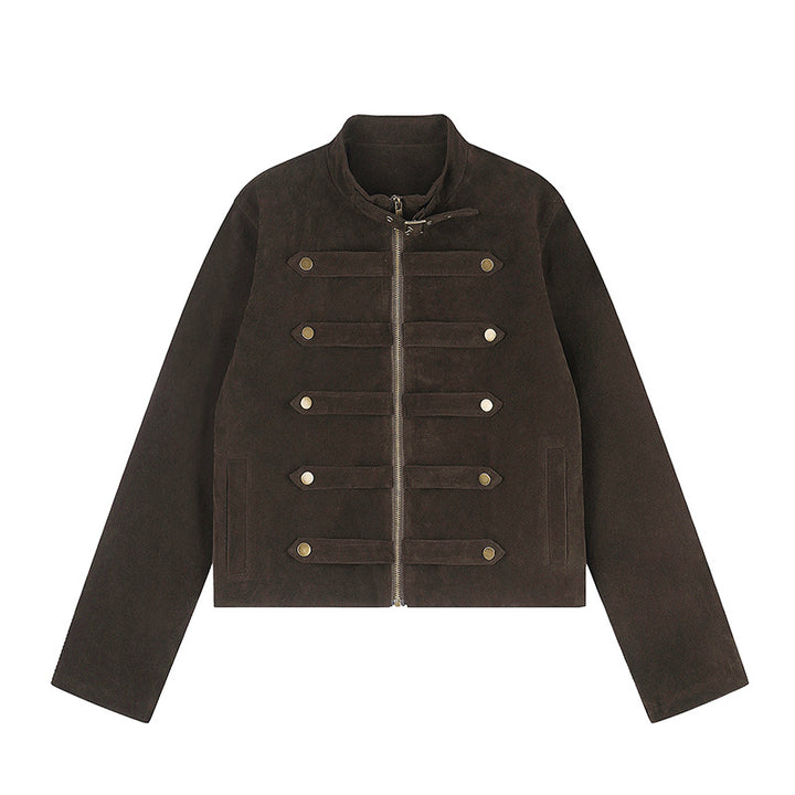 Damen Kurzjacke aus Veloursleder im militärischen Stil mit Stehkragen und Zierriegeln Drune