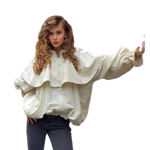 Damen Oversize-Jacke mit Cape-Kragen, Ballonärmeln und Kordelzug Drune
