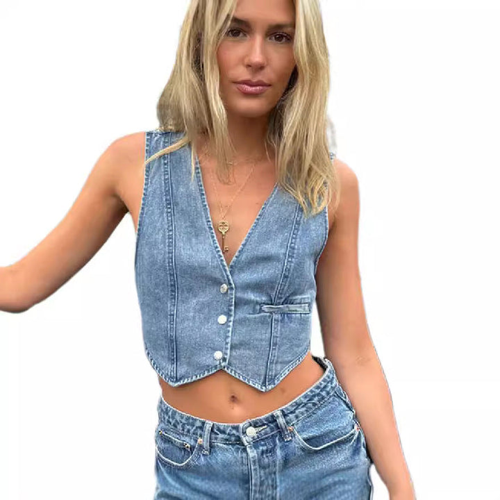 Damen Jeansweste mit elegantem Schnitt und Knopfdetails Drune