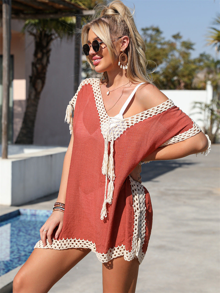 Damen elegante Häkel-Strandtunika mit fransigen Details Drune