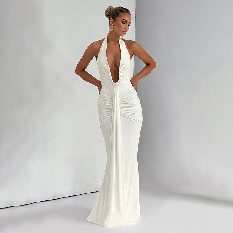 Damen Elegantes Maxi-Kleid mit tiefem V-Ausschnitt und Rüschendetails Drune