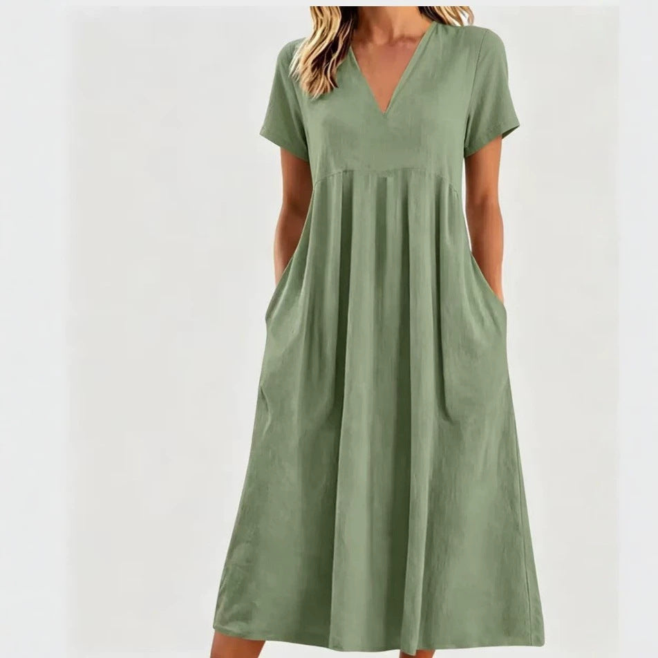 Damen nan legeres V-Ausschnitt-Midikleid mit Eingrifftaschen und geraffter Empirenaht Drune