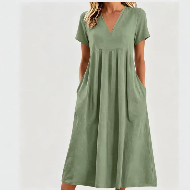 Damen nan legeres V-Ausschnitt-Midikleid mit Eingrifftaschen und geraffter Empirenaht Drune