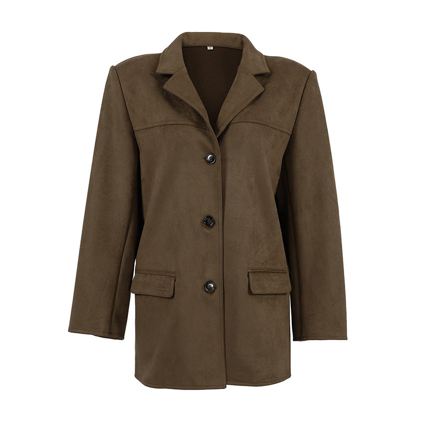 Damen Modische Wildlederjacke im Oversized-Schnitt mit klassischem Kragen und praktischen Taschen Drune