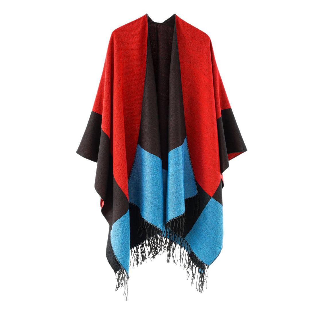 Damen eleganter Wollmix-Capeponcho mit grafischem Blockmuster und Fransen Drune